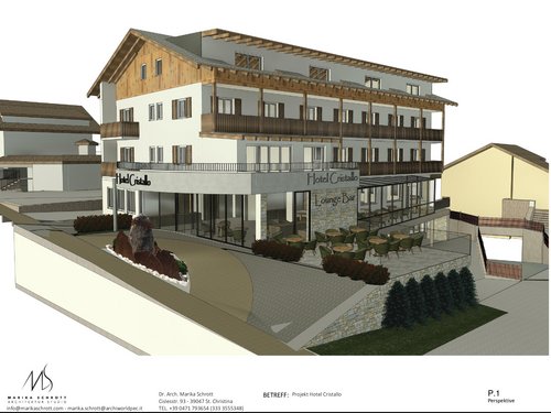 Hotel a 3 stelle a Santa Cristina: per un benessere stellare Rendering 3D di un edificio alberghiero con lounge bar e terrazza esterna